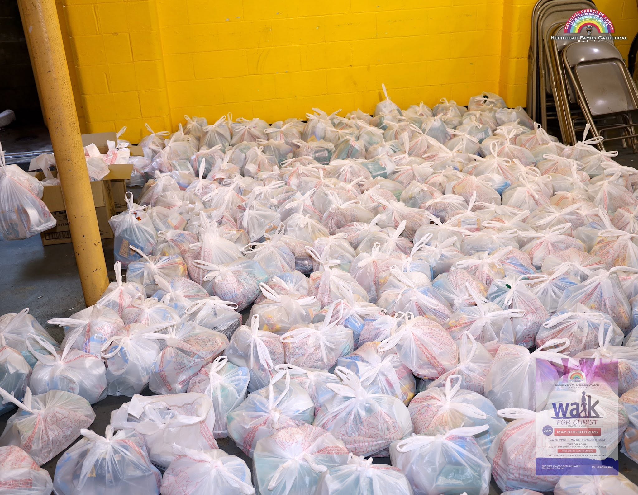 Prepared grocery and food bags ready for Hephzibah outreach