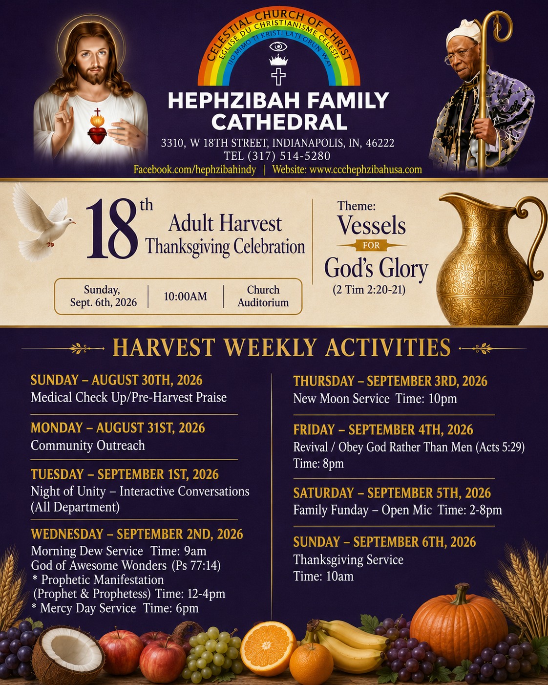 Full schedule flyer for Hephzibah’s 2026 Harvest weekly activities